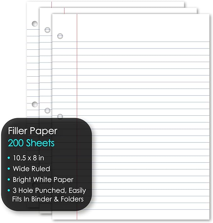 iScholar Wide Ruled Filler Paper, White, 10.5 x 8-Inches, White, 200 Sheets per Pack (81200)
