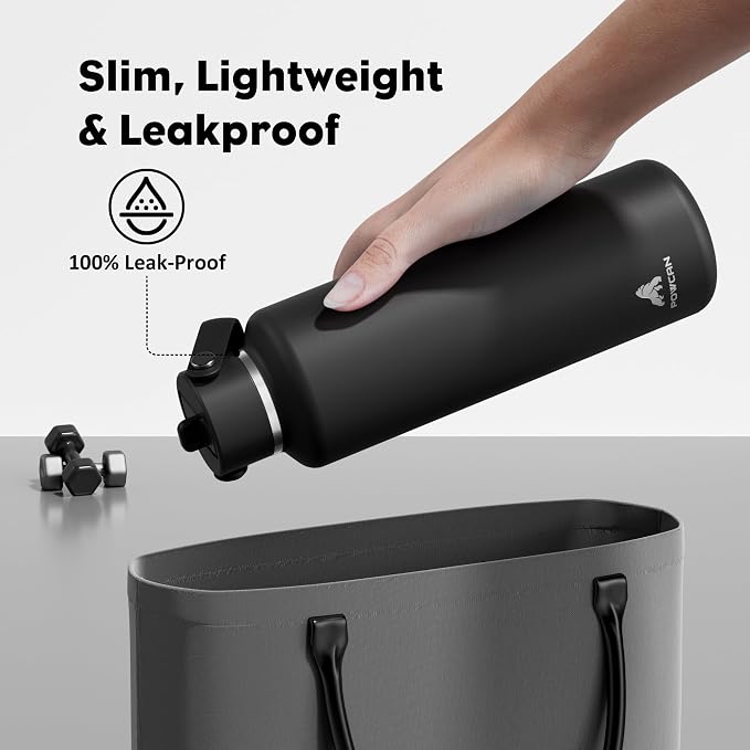 POWCAN 24 oz Slim Insulated Water Bottle with Straw: Leakproof, Keep Cold 24H, Cupholder Friendly, Top Handle, BPA-free, Stainless Steel Water Bottle for Sport, Travel, School, Gym (Midnight Black)
