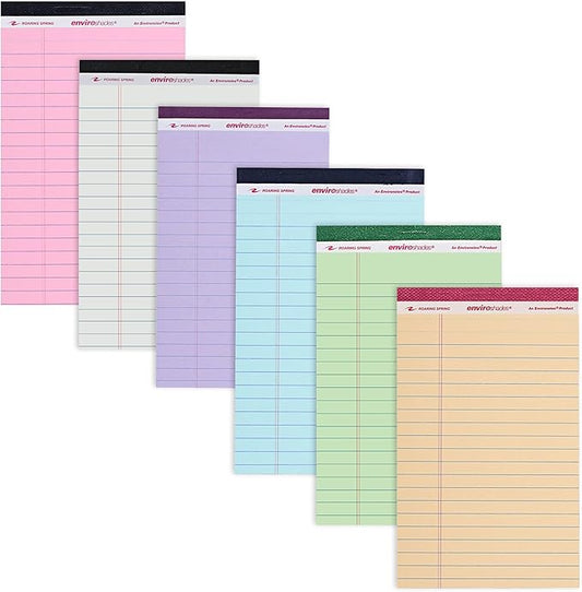 ROARING SPRING Enviroshades Assorted Colored Small Legal Pads, 6 Pack, Legal Ruled Recycled Mini Writing Note Pads, 5" x 8", 50 Sheets, Perforated Memo Pad For School & Office, Made in USA