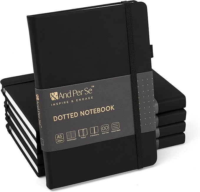 &And Per Se Dotted Journals Bulk 5-Pack, A5 Hardcover, 160 Pages 100gsm Thick Paper, Dotted Journal Supplies for Workshops, Art Classes, Creative Studio – 3 Sticker Sheets Each (Black)