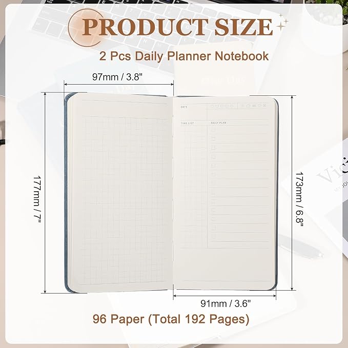 PATIKIL 2Pcs Planner Notebook, 7 x 3.8" 96 Sheets Undated Daily Planner Pocket to Do List Daily Weekly Goals Notebook for Office Home Study Work Time Management Habit Tracker, Blue