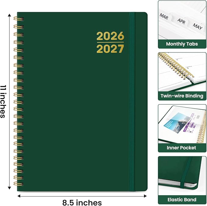 Planner 2026-2027 for Women & Men, Academic Monthly and Weekly Calendar Planner, Jul 2026 - Jun 2027, A4 (8.5" x 11"), Teacher Student Planning Book with Tabs, Ideal for Office School Supplies - Dark Green