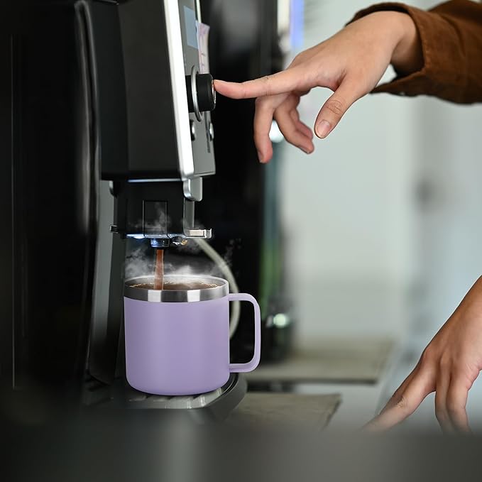 VEGOND 14 oz Insulated Coffee Mug Bulk with Handle, Stainless Steel Travel Coffee Mug with Lid, Double Wall Vacuum Metal Coffee Cup, Coffee Tumbler Powder Coated, Purple 8 Pack