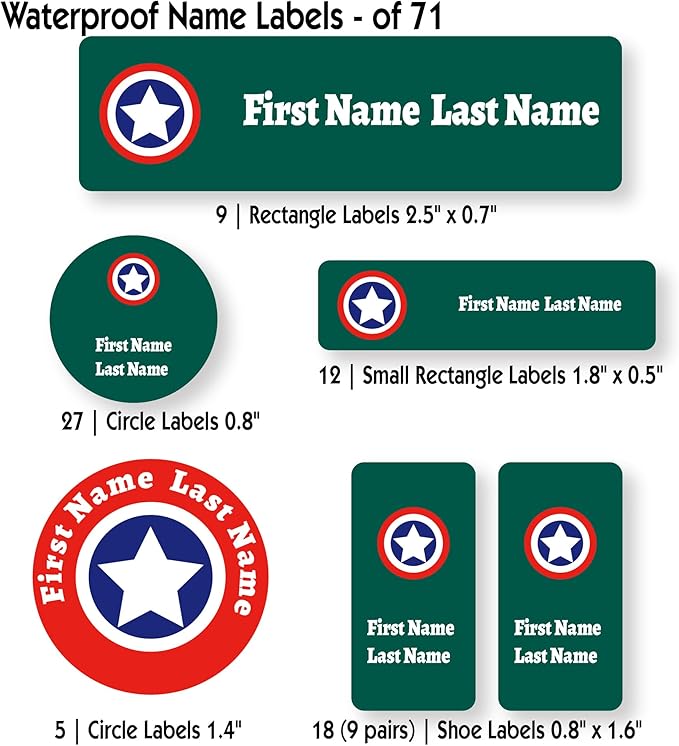 Personalized Kids Name Labels – Waterproof Custom Stickers for Daycare & School, Dishwasher & Laundry Safe (Captain - Green)