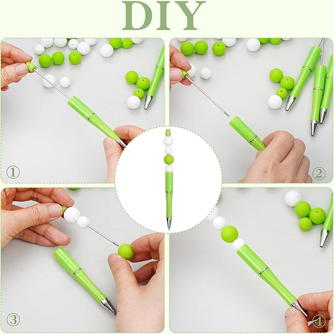 jiebor 30Pcs Beadable Pens Plastic Bead Ballpoint DIY Cute Cool Pens Black Ink for Women Men Bridal Graduation Gift Office Supplies Bright Green