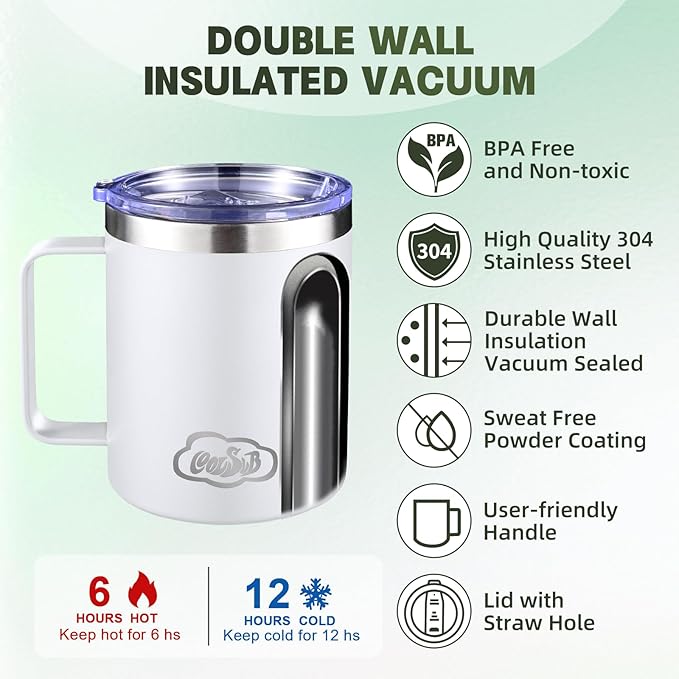 12oz Insulated Coffee Mug with Handle, Stainless Steel Wide Mouth Travel Tumblers with Lid, Double Wall Vacuum Coffee Cup for Camping, Office, White 8 Packs