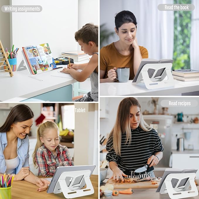 Portable Book Stand HandsFree Cookbook Textbook Book Holder for Kids Reading Pool Gifts Girls Boy Making it Ideal for Multiple uses at Home, School, or Work in White 11.82" * 8.26"