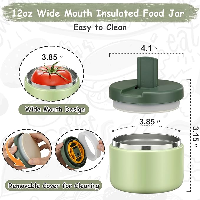 Pawtong 12oz Insulated Vacuum Food Jar with Buckle Lid Wide Mouth Soup Thermo for Hot Food Kids Leakproof Stainless Steel Lunch Container- Green- 1Pack