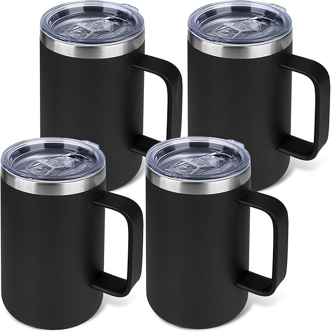 22oz Insulated Coffee Mug with Handle & Leak-Proof Lid - Double Wall Stainless Steel Travel Tumbler Bulk for Commute/Office/Home, Black, 4 Pack