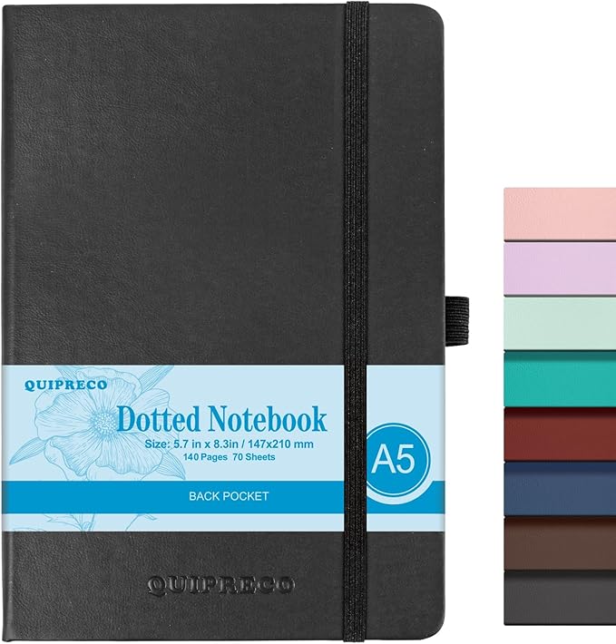Bullet Dotted Journal Hardcover Notebook, A5 140 Pages 120Gsm Thick Paper for School,Note Taking,Work,Diary，5.7''*8.3'',Black