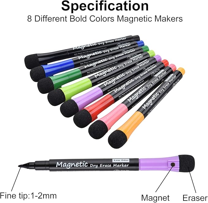 LivDeal 16 Pack Magnetic Dry Erase Markers - Fine Tip (8 Colors) Low Odor Whiteboard Markers for Kids & School, for Whiteboard, Calendar, Refrigerator