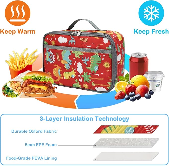 FlowFly Kids Lunch box Insulated Soft Bag Mini Cooler Back to School Thermal Meal Tote Kit for Girls, Boys,Dinosaur&Coconut