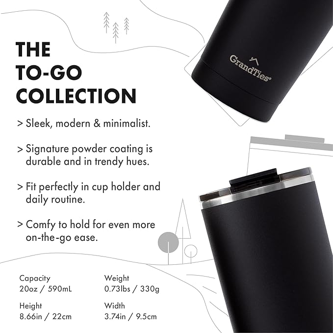 GRANDTIES Insulated Coffee Tumbler Cup w/Tritan Lid | Leak Proof, Reusable, Double Walled Vacuum Stainless Steel Water Bottle Travel Mug | Thermal Cups for Hot and Cold Drinks | 20oz | Midnight Black