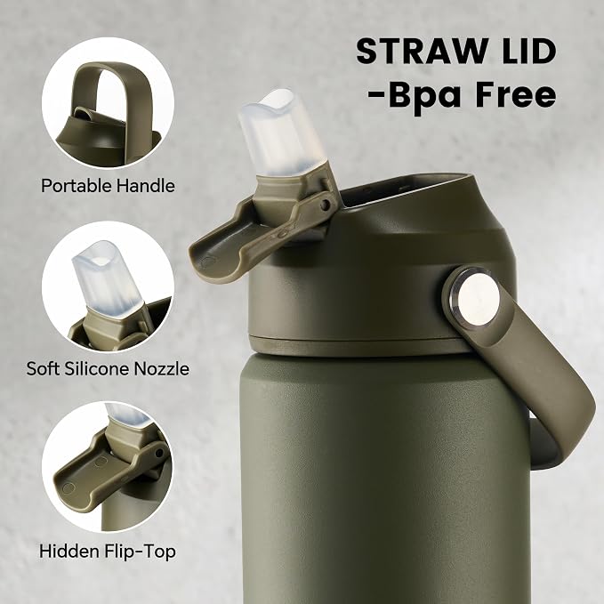 Fijinhom 18 oz Insulated Water Bottle with Straw Lid, Stainless Steel Water Bottles, Double Wall Vacuum, Portable Handle & Non-slip Bottom, BPA Free Leak Proof Metal Bottles, Cold 24H, Green/Black