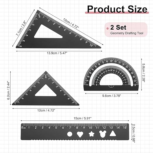 PATIKIL 8 Pcs Geometry Drafting Tool, Aluminum Alloy Geometry Kit Math Tool Includes 15cm L Ruler Protractor Triangles for Drafting Angle Measure Simple Science Experiment, Black