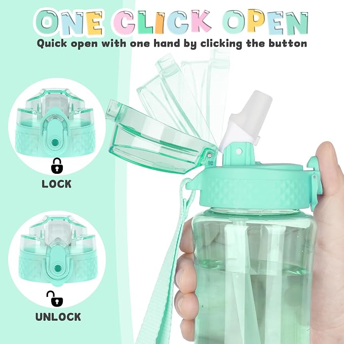 OLDLEY 12oz Kids Water Bottle, Tritan BPA-Free, Leakproof Flip Straw Lid, Motivational Time Marker, Carry Strap, Reusable Clear Water Bottle for Boys & Girls,Glow Green