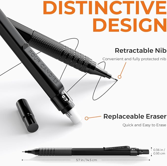 4PCS Metal Mechanical Pencil Set, 0.5mm+0.7mm, Storage Case, Black＆Silver | 480 Lead Refills, 3 Erasers, 9 Eraser Refills, Smooth Writing, Anti Grip, for Sketching, Technical Drawing, Art Projects