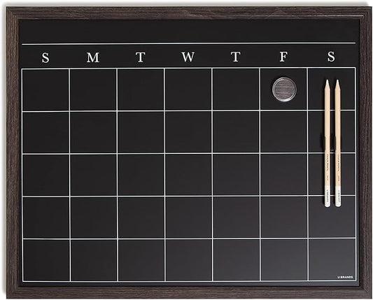U Brands 16" x 20" Magnetic Monthly Calendar Chalkboard with Rustic Wood Frame, Blackboard Surface, Wall Mountable, Monthly Planner Board, Magnetic Calendar for Home, Office, Kitchen, Classroom