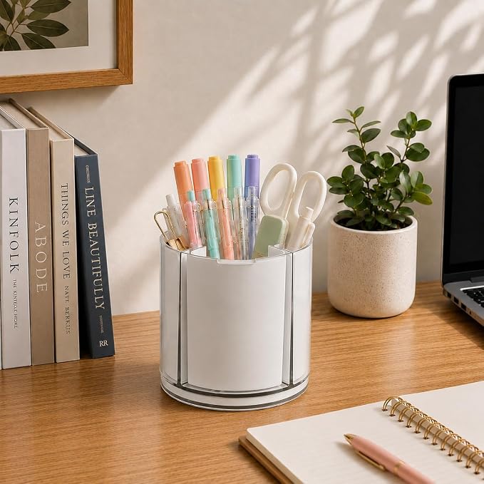 360° Rotating Pen Holder for Desk Adjustable Pencil Organizer, Gray-White | Plastic Pen Cup for Women Cute Office Supplies and Accessories Desktop Storage Box Art Caddy for School, Work, Home