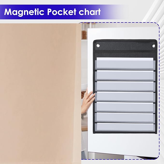 4 Pcs Magnetic Pocket Chart Standard Pocket Chart Classroom Pocket Chart with 40 Pcs Dry Erase Cards for Daily Schedule Class Demonstrations Office Home Activities, Black