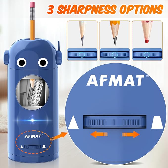AFMAT Electric Pencil Sharpener for Colored Pencils 7-11.5mm, Fully Automatic Robot Pencil Sharpener, Auto in & Out, Rechargeable Hands-Free for Classroom/Home/Office, Battery Operated, PSX5RB, Blue
