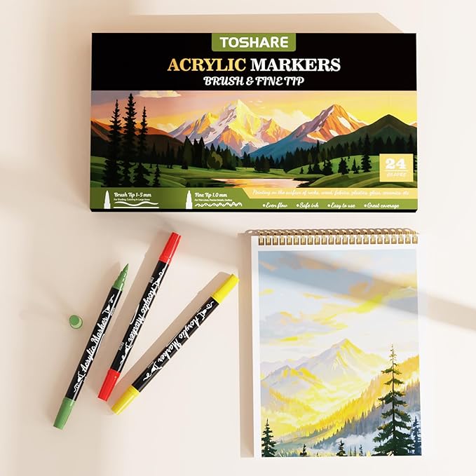 TOSHARE 24 Colors Acrylic Paint Markers, Brush & Fine Dual Tip Acrylic Paint Pens for Rock, Wood, Paper, Fabric, Canvas, Glass, Ceramic, Egg, Scrapbook and DIY Crafts Supplies Art Gifts