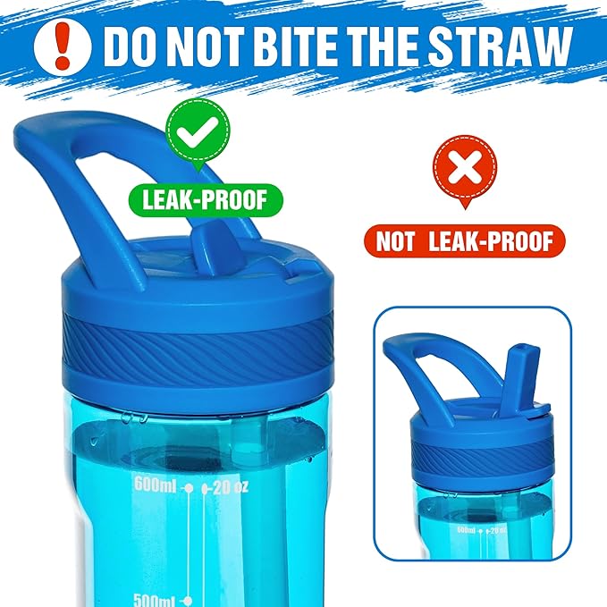 OLDLEY 20oz Kids Water Bottle with Straw, BPA-Free Tritan Water Bottle for School, Leakproof Clear Water Bottle with One Click Open, Measurement Scale, Cup Holder Friendly for Boys Girls,Blue