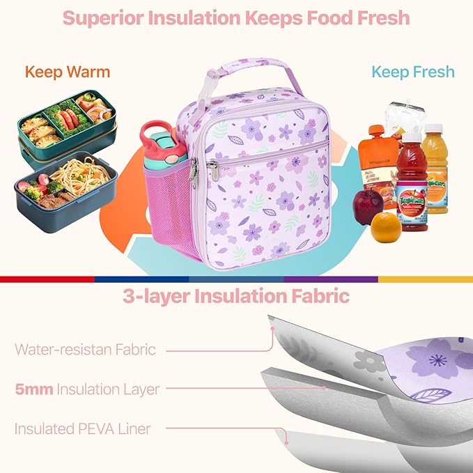Bagseri Kids Lunch Box for Girls - Insulated Toddler Lunch Bag Fits Bento Box, Reusable Daycare Cooler Tote with Clip Handle, Water-Resistant Lining, Purple Floral