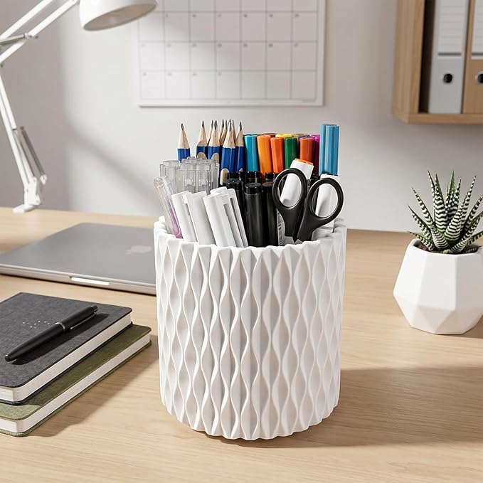 Lebenrich Rotating Pen Holder for Desk, 5 Slots Easthetic Pencil holder Desk Organizer Supplies and Accessories for Women Girls, Pencil Cup for Office Home Art Supply, White