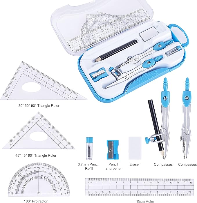 Math Geometry Kit Set 10 Pieces with Shatterproof Storage Box, Student Supplies Drawing Compass Includes Protractor, Rulers, Compass, Pencil Sharpener, Lead Refills, Pencil, Eraser(Blue)