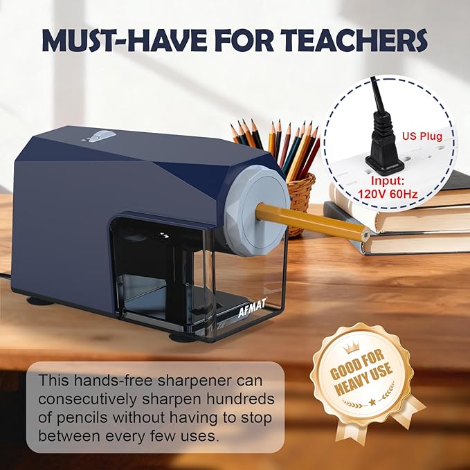 AFMAT Electric Pencil Sharpener, Fast & Hands-Free, 10K+ Uses, 5 Nibs, Fully Automatic Pencil Sharpener for Classroom, Heavy Duty Sharpeners for No.2/Jumbo/Colored Pencils (6.5-10.5mm) US Plug(120V)