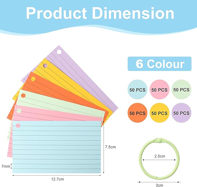 JUNART 300 pcs Index Cards(6 Colours × 50 Pages) with 6 Binder Rings, Perforated Colourful Flash Cards for Study Notes, Office, Home, etc