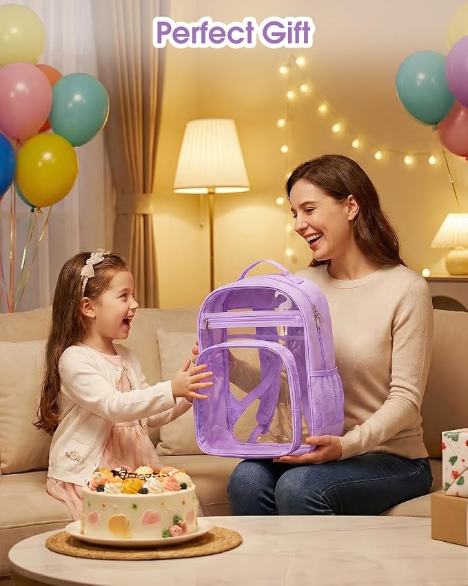 Soimeat Clear Backpack for Girls Boys - Kids Clear Bookbag - Fabric & PVC Transparent Backpacks for Elementary School, Purple