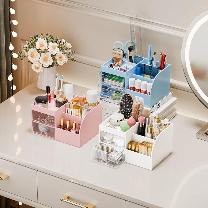 Makeup Organizer with 2 Drawers, Makeup Organizers Countertop for Vanity and Bathroom, Make up organization and Skincare Storage with Brush Holder, for Dresser, Desktop, Cosmetic Display Case (Blue)