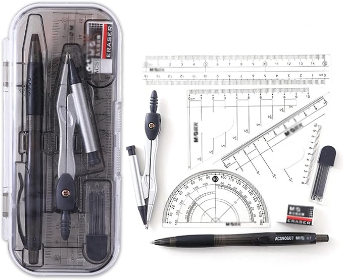 TOMYEUS Compasses 8Pcs Math Geometry Kit Set Drafting Compass Kit with Storage Box Geometry Set for Geometry Drafting Math Drawing Student Supplies Measuring Tools