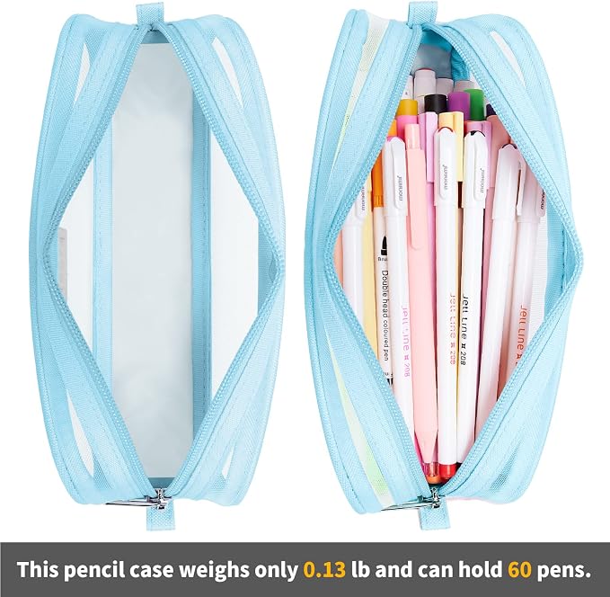 Grid Mesh Pencil Case Pouch Large Capacity Pencil Bag with Zipper | Big Pencil Pouch Blue Simple Stationery Bag Aesthetic Pen Bag for School Teen Girl Boy Multi-Purpose Bag for Office Men Women