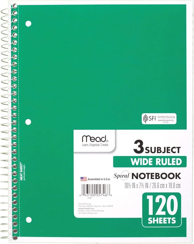 Mead Spiral Notebook, 3 Subject, Wide Ruled Paper, 120 Sheets, 10-1/2" x 8", Color Selected For You, 1 Count (05746) (Pack of 2)