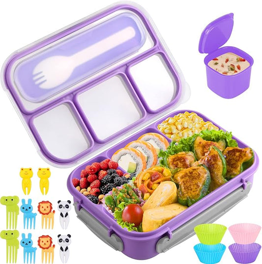 Bento Box for Kids 1300ML with 4 Compartment & Food Picks Cake Cups, Purple | Lunch Box Containers for Adults/Kids/Toddler, Leak-Proof, Microwave/Dishwasher/Refrigerator Safe, BPA Free