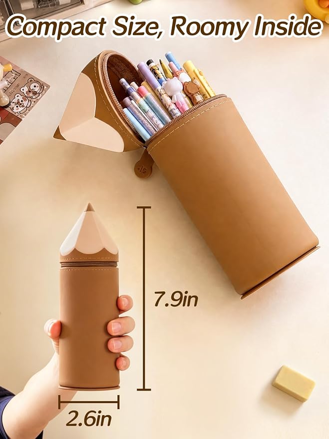 PAMASE Standing 2-in-1 Pencil Case & Pen Holder for Girls Boys, Brown | Cute Soft Silicone Pencil Pouch Bag, with Zipper and Pull-Out Base, for Kids School Supplies
