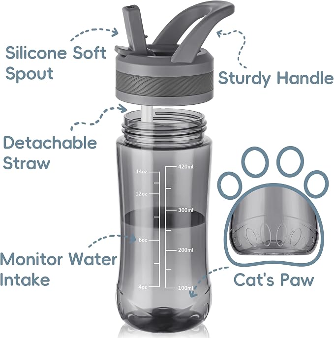 14oz Clear Kids Water Bottle with Straw Lid, BPA-Free Tritan, Measurement Scale, Sturdy Handle Wide Mouth Leak-proof Reusable Plastic Bottle for Boy& Girls, Back to School(Gray)
