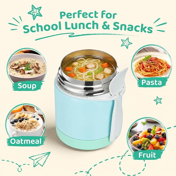 Pawtong10oz Soup Thermo for Hot Food Kids Insulated Food Jar,Thermo Hot Food Lunch Container, Width Mouth Stainless Steel Lunch Box for Kids with Spoon (Mint)