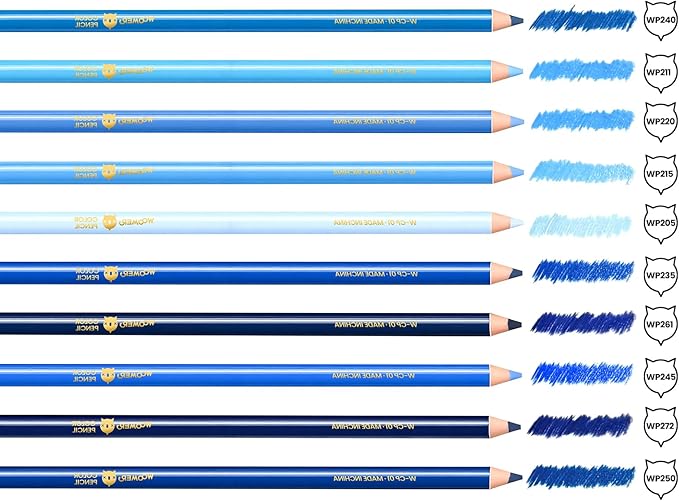 Woomer Colored Pencils: 10-Piece Blue Colored Pencils with Paper 20 Professional Fine Grain Drawing Paper for Multi-Layer Blending Practice