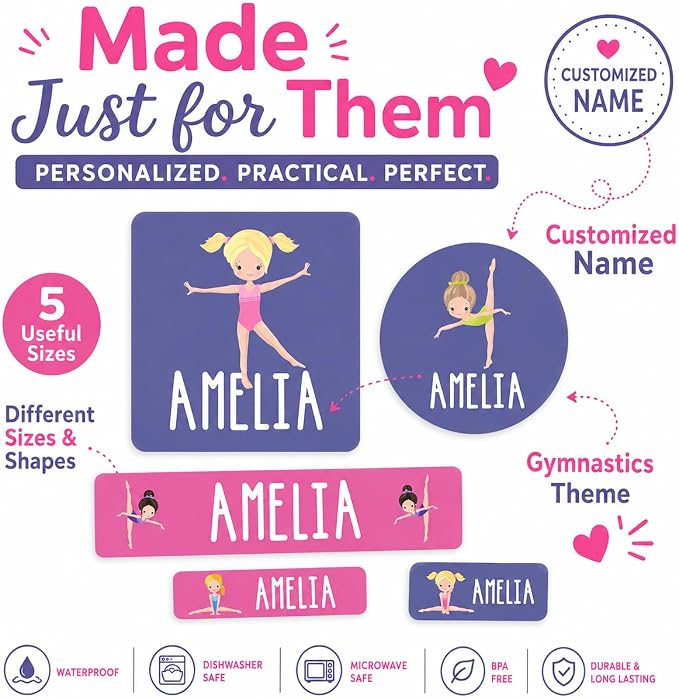 Andaz Press Custom Personalized Waterproof School Name Labels, Gymnastics, 120-Pack, Kids Labels Combo Pack, Customizable Multi-Use Name Stickers for Preschool, Daycare, Supplies, Office, Camping