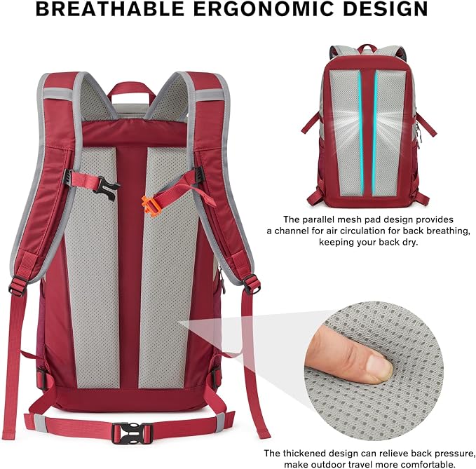 G4Free 30L Lightweight Hiking Backpack for Men Women, Airline Approved Day Pack for Travel, Bussiness Work, Easy Hike(Red)