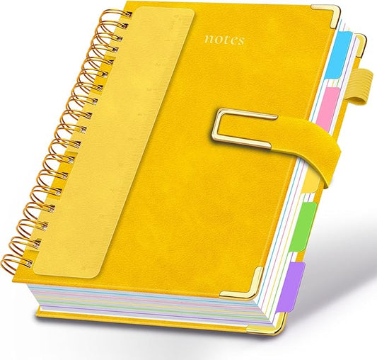 Hardcover Spiral Notebook College Ruled, 8.5"x11" Leather Journal Notebook with Magnetic Closure, 300 Pages 5 Subject Notebook with Dividers Tabs Journal for Women Men, Work, School(Yellow)