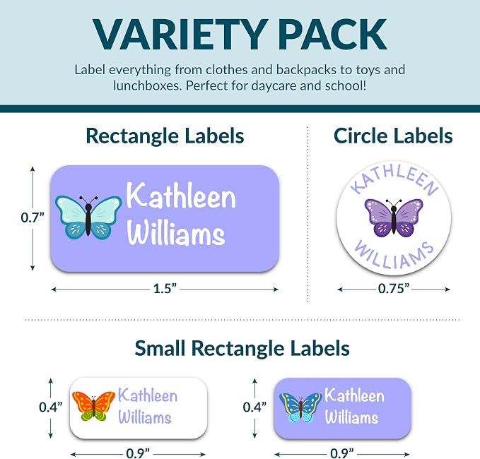 Personalized Waterproof Name Labels for Kids | Optional Packs 50, 150, 230 Labels | Custom Name Stickers for Kids' Clothing Tag, Water Bottle, Customize Kid Name Label for Daycare Butterflies