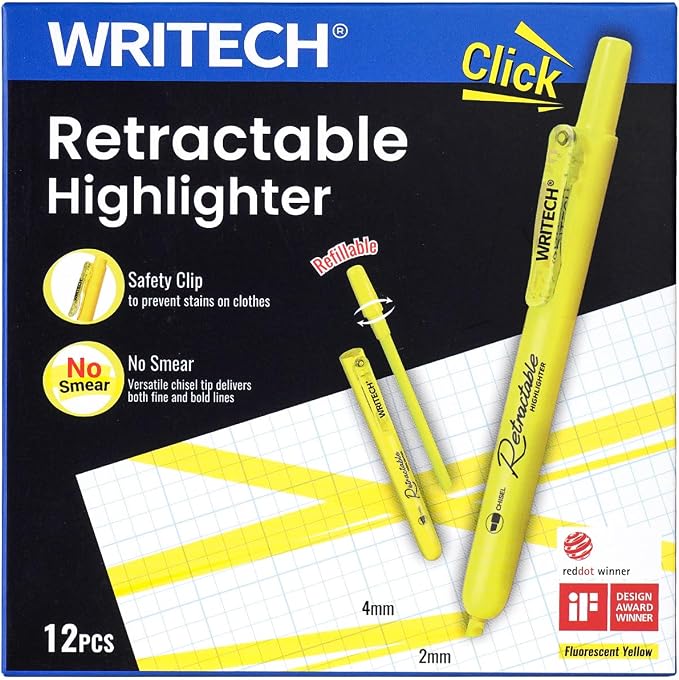 WRITECH Retractable Highlighters Chisel Tip: 12ct Fluorescent Yellow Ink | Refillable Marker Pens No Bleed & Smear for Home School Office Highlighting Journaling Drawing Coloring Note-taking Writing
