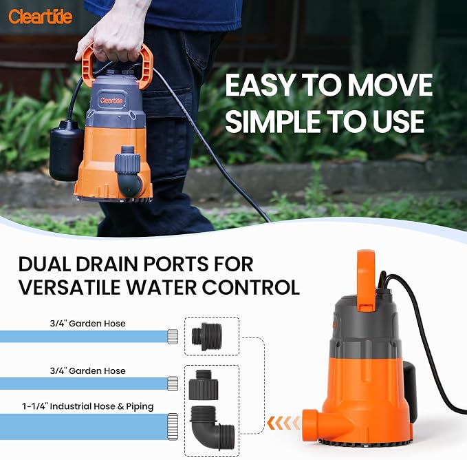 Submersible Utility Pump with Float Switch, 2160 GPH High Flow, Water Pump with Copper Motor, Ideal for Yard and Flooded Cellar, Hot Tub, Garden Irrigation