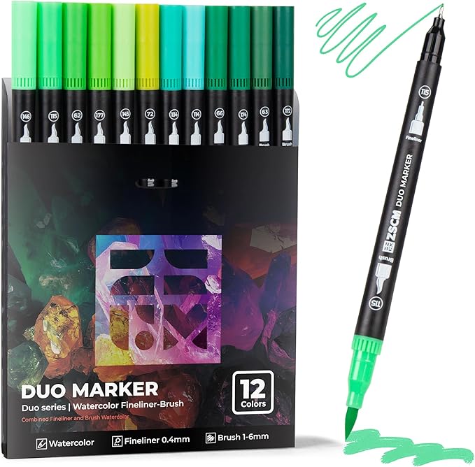 ZSCM Green Duo Tip Marker Pens, 12 Pack Fine & Brush Markers for Adult Coloring Books No Bleeding, Nature Green Markers for Foliage, Landscape Drawings, Botanical Illustrations and Eco Designs