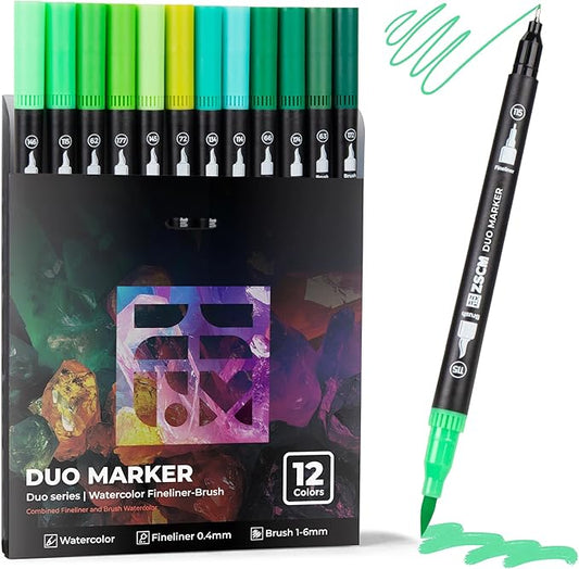 ZSCM Green Duo Tip Marker Pens, 12 Pack Fine & Brush Markers for Adult Coloring Books No Bleeding, Nature Green Markers for Foliage, Landscape Drawings, Botanical Illustrations and Eco Designs